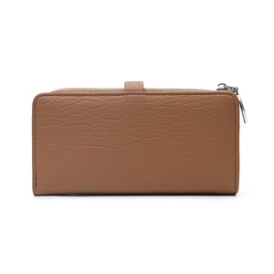 Detailed macro view of caramel lychee texture leather on a long zip wallet for women