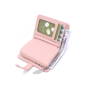 Pink lychee texture small tri-fold wallet for women with leaf zipper and card slots