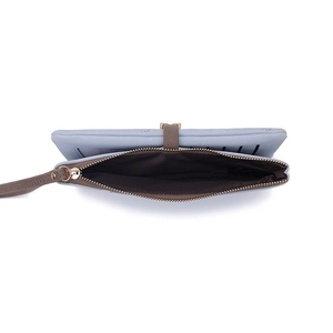 Slim light blue long wallet with multiple card slots and secure zipper pocket