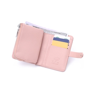 Pink lychee grain leather wallet with multiple card slots and zippered coin pouch