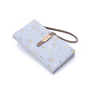 Slim long floral wallet for women with cherry print and golden leaf metal clasp