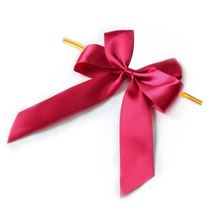 Close-up of a double-layered burgundy satin ribbon bow with a gold metallic twist tie