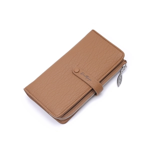 Minimalist caramel brown long wallet for women with leaf zipper and textured leather