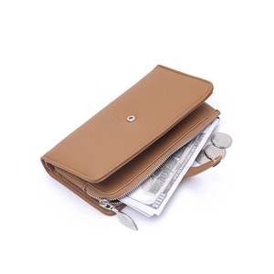Classic brown long leather wallet with zipper pocket and snap button for women
