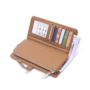 Brown long leather wallet for women with multi-card slots and leaf zipper charm