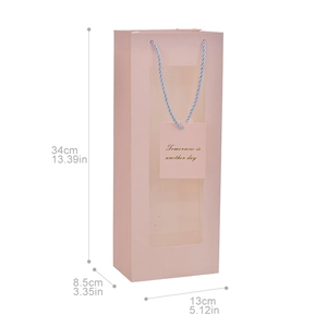 Pink wine gift bag with clear window and dimensions 34x13x8.5cm for single bottle