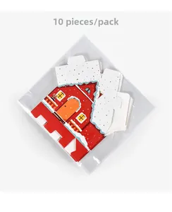Detailed shot of 10 pack red house-shaped cookie gift boxes in transparent plastic packaging