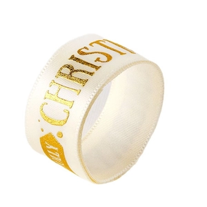 Nastro di Natale color crema a coste con scritte dorate e stelle decorative