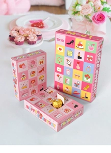 Macro view of pink 24-compartment Mother's Day surprise gift box with festive patterns