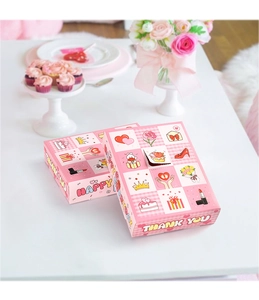 Detailed view of pink plaid gift boxes with Mother's Day and birthday illustrations