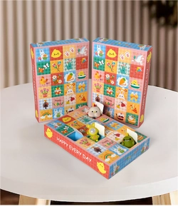 Detailed view of colorful 24-grid Easter advent calendar with cute cartoon toy figures
