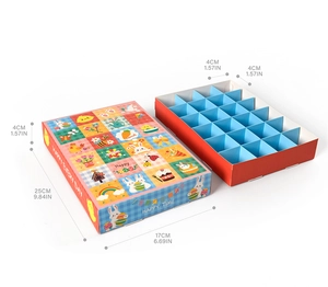 Detailed dimensions of 24-grid Easter advent box with bunny and chick illustrations