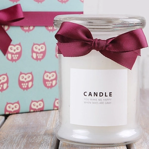 Scented candle in glass jar with purple ribbon bow and owl pattern gift box set
