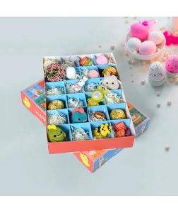 Detailed 45-degree view of a 24-grid Easter countdown calendar box with plush toys