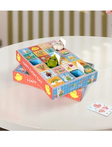 Close-up of Easter 24-grid surprise box with cute cartoon patterns and plush mini toys