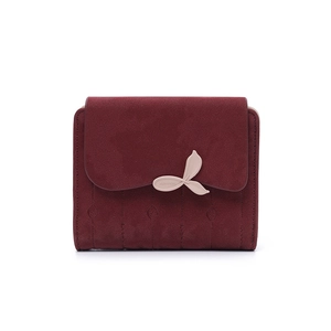 Portafoglio corto da donna in pelle PU bordeaux con fibbia a foglia e design pieghevole