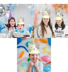 Detalle de gorro de fiesta ajustable para mascotas con diseño de gato y punta de colores