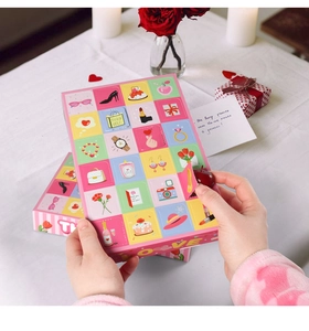 Pink Advent Calendar box featuring 24 numbered grid windows with fashion illustrations