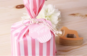 Detail of pink striped cookie bag with Especially For You tag and gold twist tie