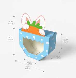 Blue polka dot gift box dimensions showing height, width, and cute rabbit ears decoration