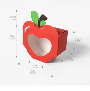 Detail of red apple gift box with heart window and size dimensions in centimeters