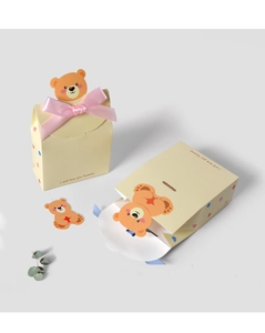 Detail of cute bear gift box with pink ribbon bow and I will love you forever text