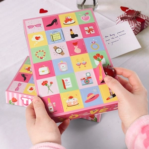 Pink 24-day countdown advent calendar gift box with cute fashion icons for Mother's Day