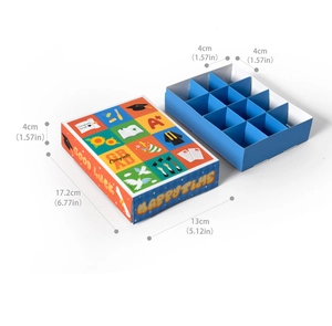 Detail view of colorful graduation surprise gift box with 12 compartments and dimensions