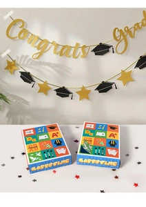 Detail of graduation gift boxes with sunflower designs and Congrats Grad gold banner set