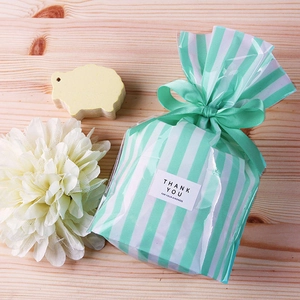 Mint green striped treat bag with silk ribbon bow and thank you sticker for gifts