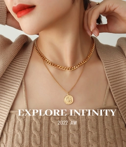 Close-up of double-layer gold titanium steel necklace with detailed portrait medallion