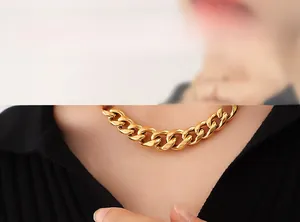 Close-up of chunky gold-plated Cuban link necklace on a model wearing black