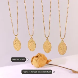 18K gold plated vintage oval pendant necklace with religious relief and bead chain