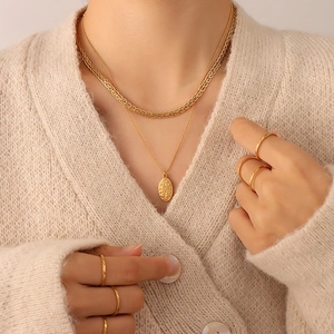 Retro 18K gold plated titanium oval portrait pendant with double layer chain necklace