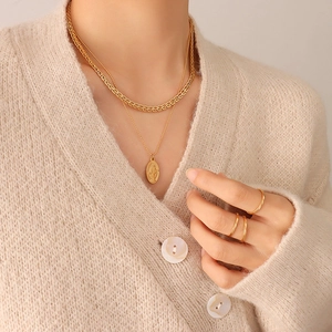 Vintage 18K gold plated titanium necklace set with oval portrait pendant and layering chains