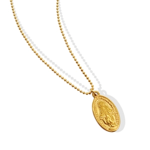 Vintage 18K gold plated oval Virgin Mary pendant necklace with delicate ball chain link