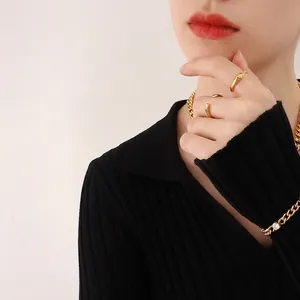 Polished 18K gold-plated stainless steel jewelry set with cuff rings and cuban chain