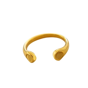 Polished 18K gold plated stainless steel open ring with flat disc ends on white background