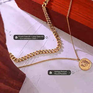 Double layer gold portrait pendant necklace with cuban and round link chains