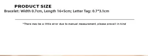 Size chart showing width 0.7cm and 16+5cm length for the engraved steel bracelet