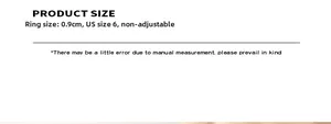 Detailed size guide for the ring featuring 0.9cm width and non-adjustable US size 6