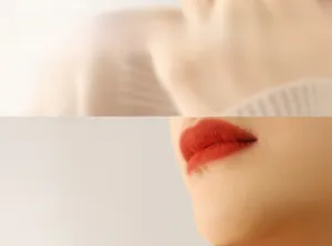 Detailed close-up of matte red-brown lipstick texture on lips with velvet finish