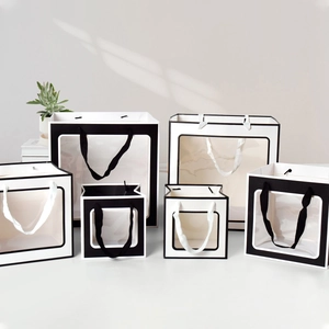 Gift Paper Bags With Transparent PVC Window Cardboard Handbags For Wedding Party Flower Cake Minimalist Black And White