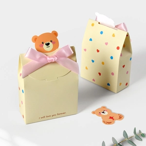 Korean Cartoon Bear Square Folding Gift Boxes With Satin Ribbon Bow For Baby Shower Gender Reveal Party Favors Candy Packaging