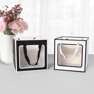 Minimalist square gift bags with large PVC window in black and white styles