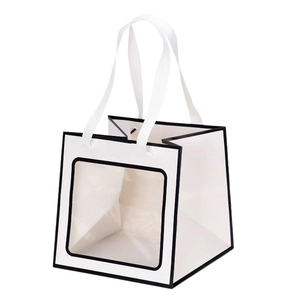 Minimalist square white gift bag with black trim, transparent window and ribbon handle