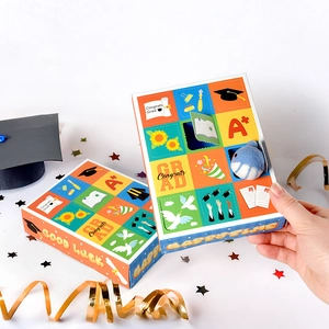 Colorful 12-grid graduation surprise blind box with plush toy and congrats grad motifs