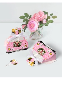 Roze geschenkdoos in Beetle-stijl met bloempatronen, satijnen strik en ballonnen