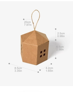 Detailed dimensions of house-shaped kraft gift box with cut-out windows and hemp rope