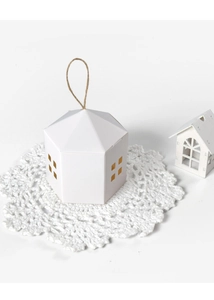 Detailed view of white house-shaped gift box with hollow windows and hemp rope handle